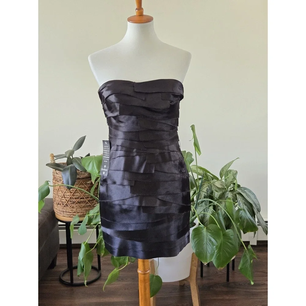 Bebe Bandage Black Elegant Satin Cocktail Mini Dress Womens Medium Strapless NWT